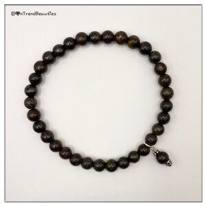 🌷Stackable 6mm Bronzite Semi-Precious Bead .925 Sterling Dangle Stretch Bracelet